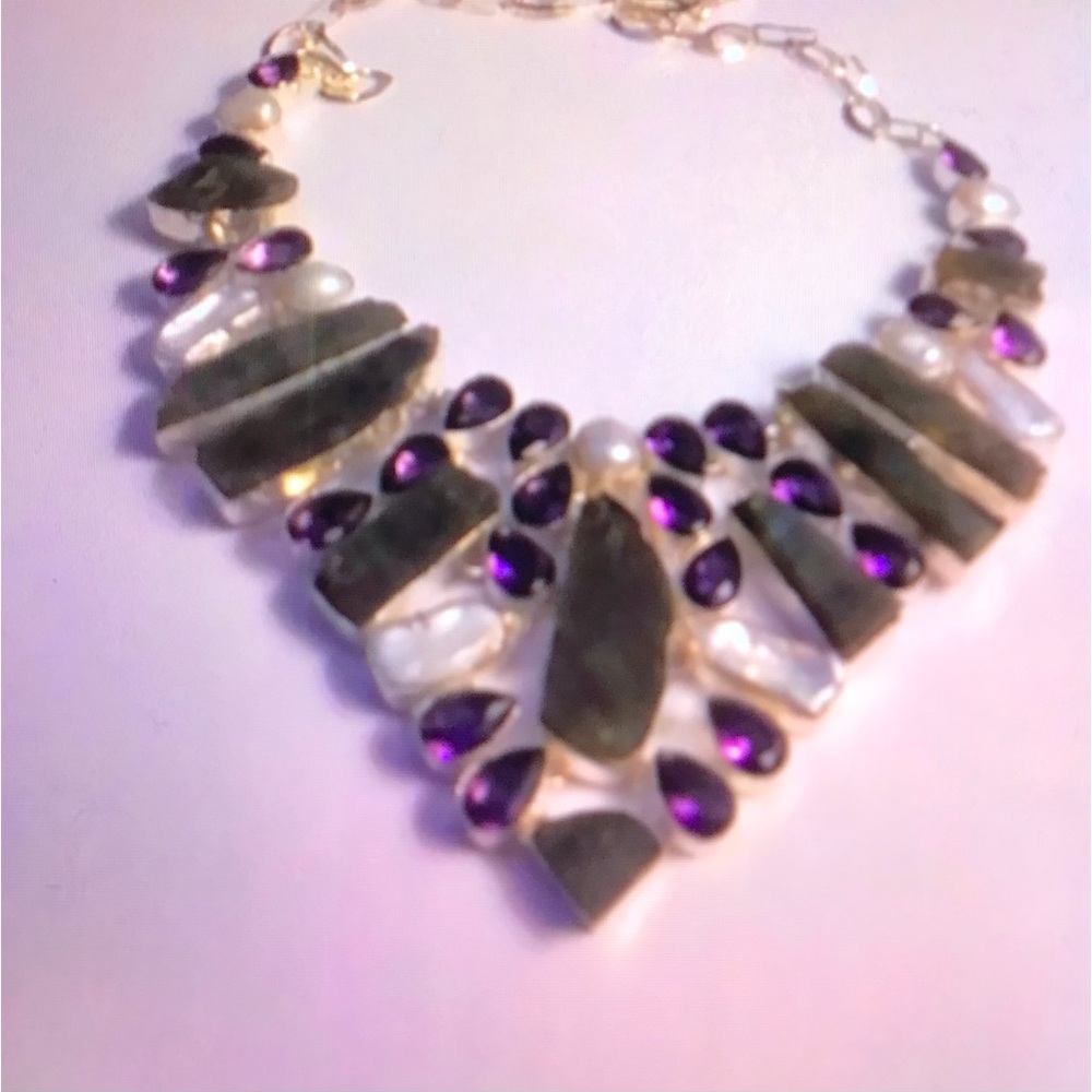 Amethyst Biwa Pearl Labradorite Stamped 925 Sterling Silver Necklace